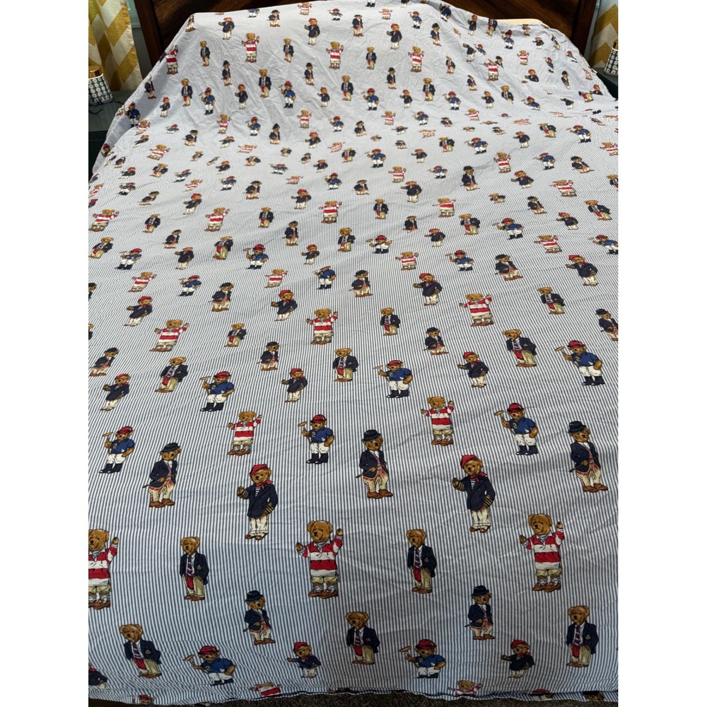 Ralph Lauren Polo Bear Queen Flat Sheet Blue White Ticking Stripe Cotton Vintage